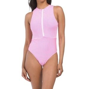 NWOT Splendid Zip Front One Piece Swimsuit S Hot Pink White Stripe Bond Girl